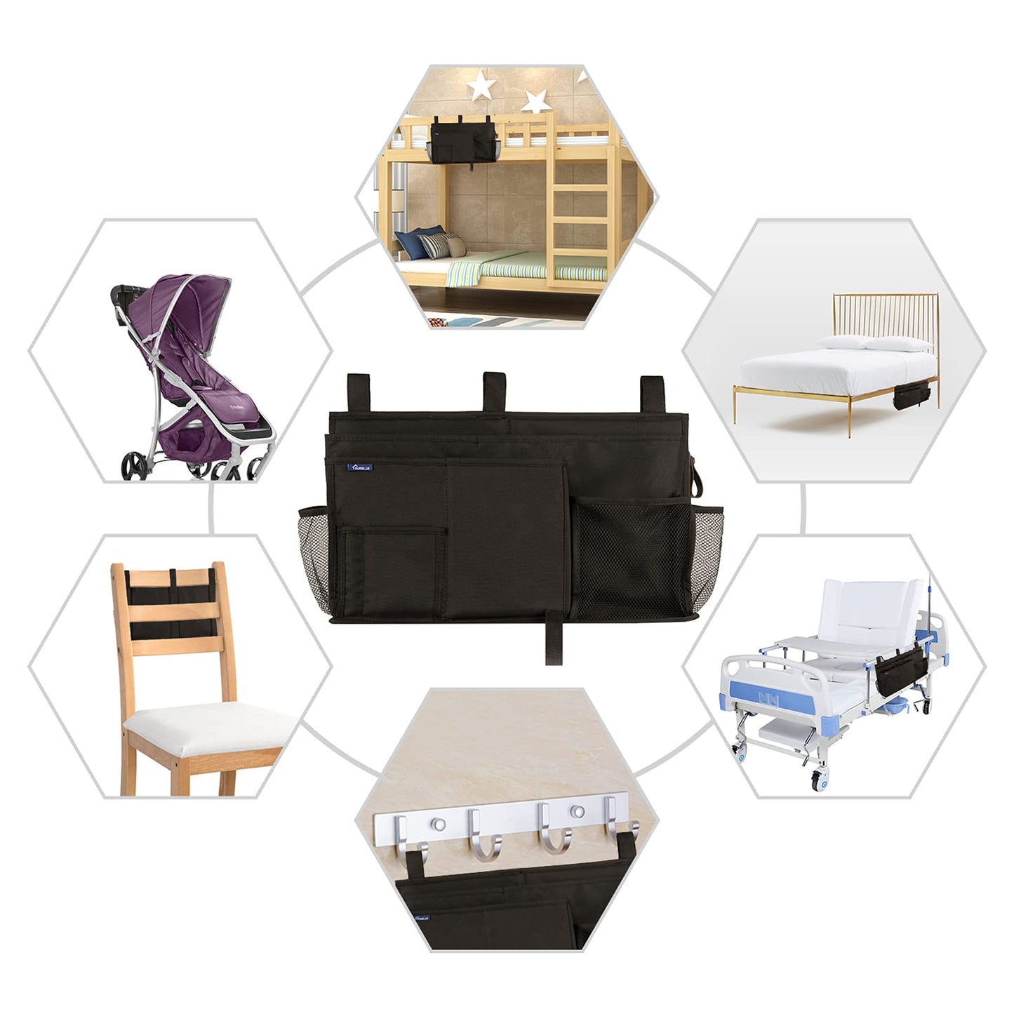 Surblue Caddy Hanging Organizer Bedside Storage Bag for Bunk and Hospital Beds, Black, L
