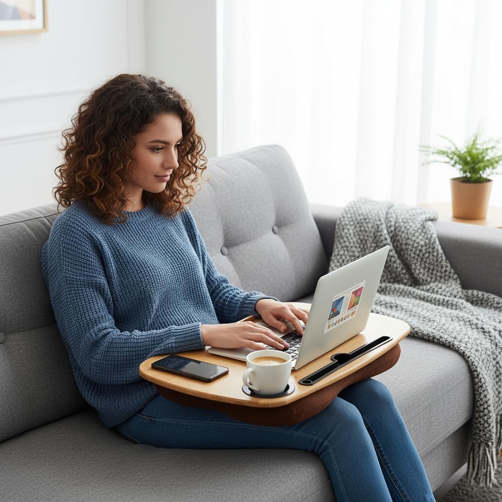 SANJIMO Lap Desk for Laptop with Cushion-Fits up to 18 inch, Bamboo Computer Laptop Stand with Phone Hoder, Cup Holder, Anti-Slip Stopper