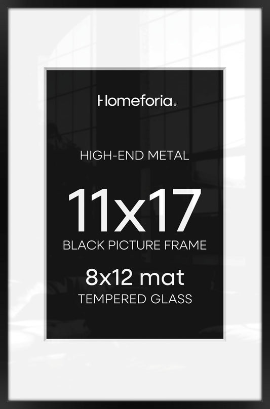 Homeforia 11 x 17 Picture Frame Black, High End Metal 11x17 Poster Frames with Mat 8x12 for Photo, 11 x 17 Black Frame Matted to 8 x 12 inch Print, 17x11 Thin Frame, Tempered Glass, Wall Kit, Set of 1