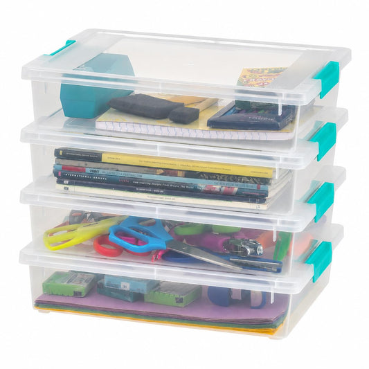 IRIS USA 6 Qt. Craft Storage Bins with Lids, 4-Pack, |Made in USA|, Clip Box, Small Plastic Sensory Bin Tote Organizer Containers for Art Supplies, Paper, & Office, Stackable - Clear/Seafoam Blue