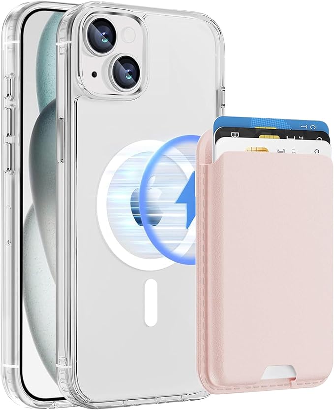 Ntwinro Magnetic for iPhone 13 & iPhone 14 Clear Case (Compatible with MagSafe) with Pink Detachable Wallet & Card Holder for 3 Cards [RFID Blocking] Military Grade Protective Slim Phone Cover