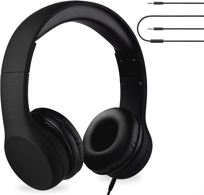 LilGadgets Connect+ Foldable Headphones, Adjustable Fit Soft Touch Padding for Kids with Mic, Volume-Limited & Noise Reduction On-Ear Wired Headset for School with SharePort - Black, Ages 3-14
