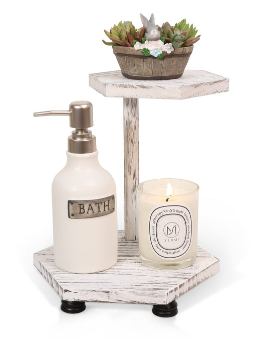 Tikea Hexagonal Wood Riser for Display, 2-Tier Wood Farmhouse Riser for Kitchen Bathroom Counter Decor, Decorative Tray for Soap Dispenser, Decorations and Plant (White)