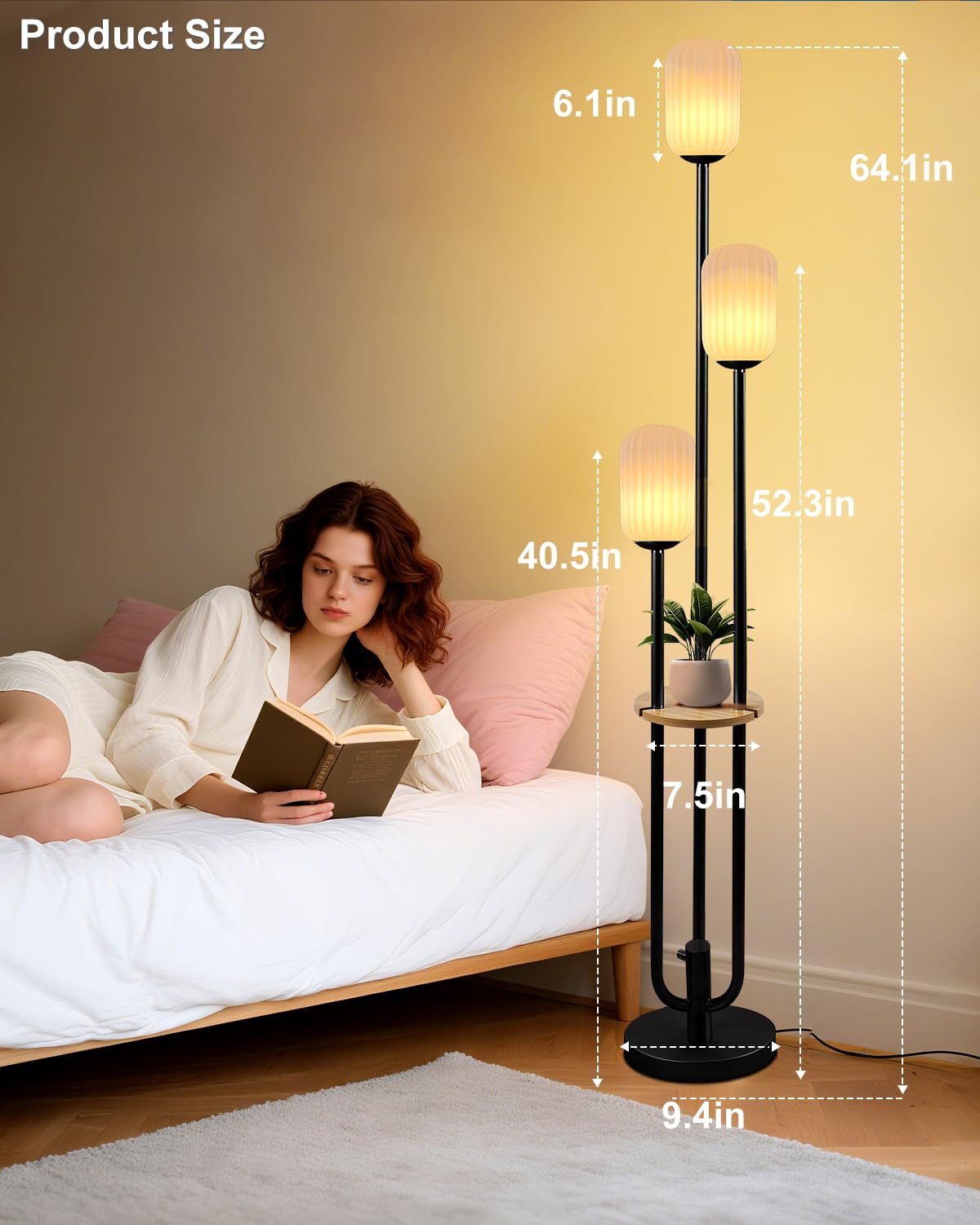 Lightdot Black Dimmable Floor Lamp with Shelf Modern Floor Lamps with Oval Striped Lampshade & Bulb Included 3-Lights Tall Lamp with 5Lbs Heavy Base for Living Room/Bedroom/Sofa Beside/Corner Decor