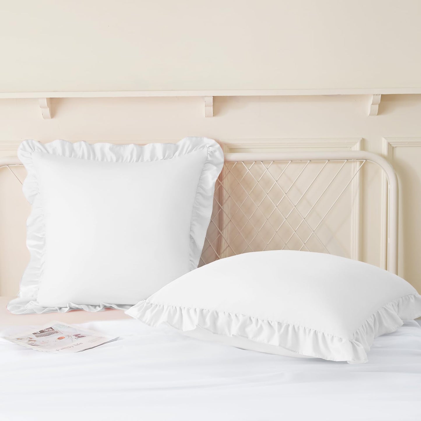 KKJIAF Ruffle Pillow Cases 24x24 Inches, White Square Ruffled Pillow Covers Set of 2, Microfiber Wrinkle Resistant Pillow Shams with Envelope Closure for Sofa Bed Living Room