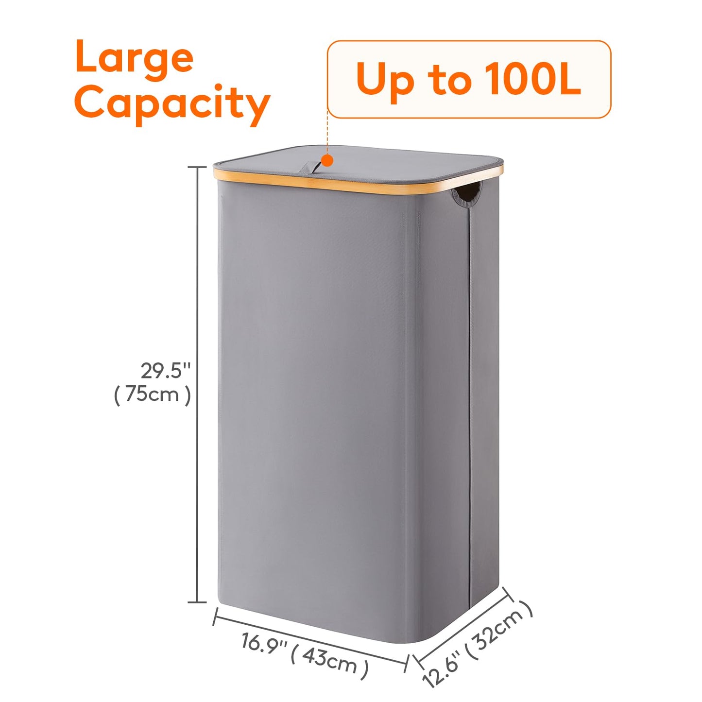 Lifewit 100L Laundry Basket with Lid, Clothes Hampers for Laundry with Bamboo Handles and 1 Removable Bag, Large Foldable Laundry Hamper for Bedroom, Bathroom, Dorm, Laundry Room, Gray