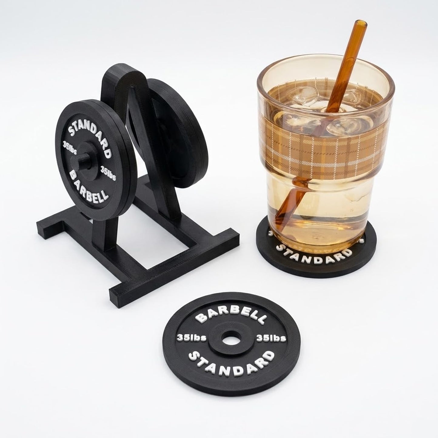 Weight Plate Coaster Set with Rack, 4 Pack Barbell Bumper Plate Drink Coasters, Durable Non-Slip Drink Mats, Unique Gym Gifts, Home Gym Decor & Workout Accessories
