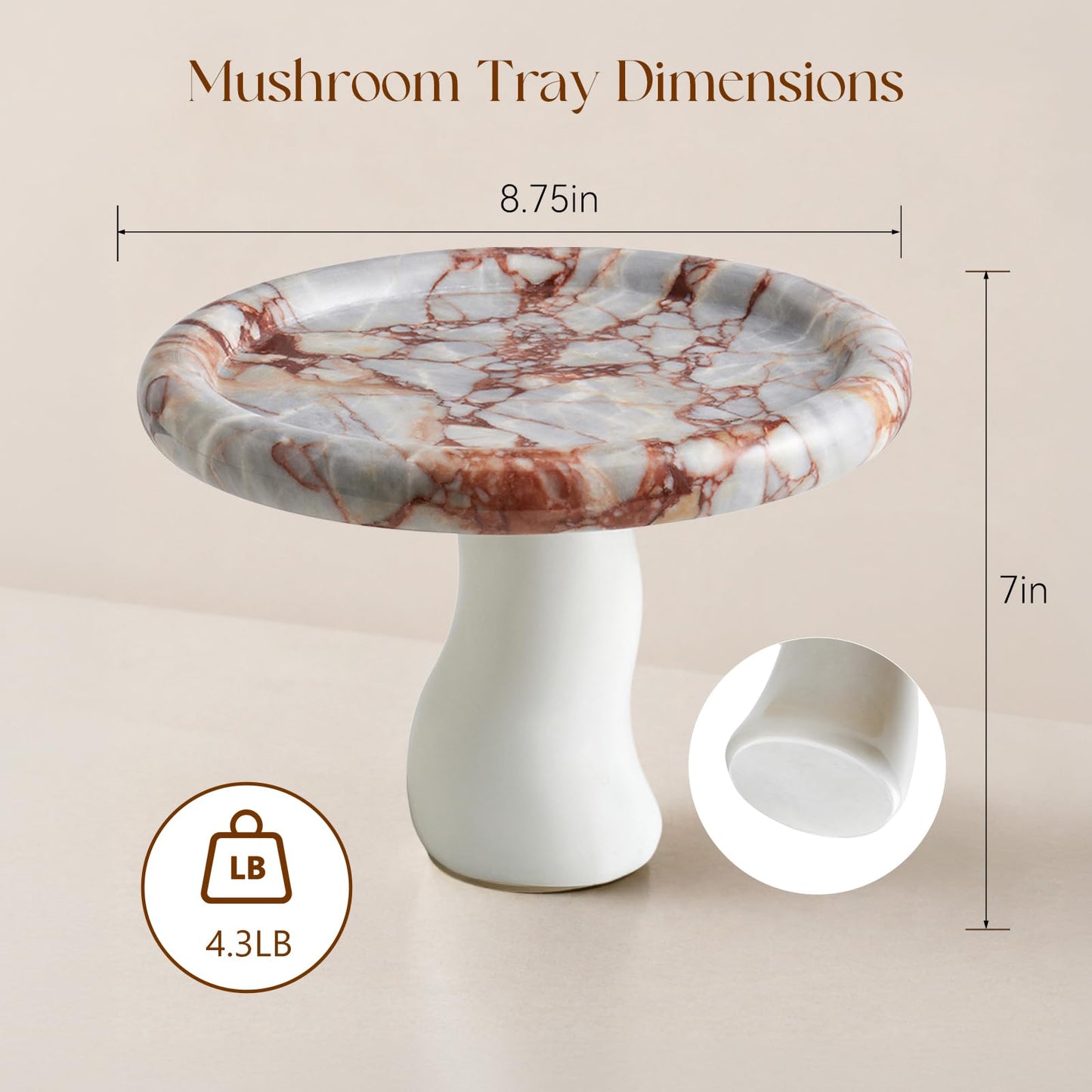 SAMAH Natural Marble Tray, Art Fruit Bowl for Kitchen Counter, Living Room, Vanity, Coffee Table Decor, Mushroom Jewelry Tray for Trinket, Perfume, Key, Housewarming Gifts New Home (Calacatta Red)