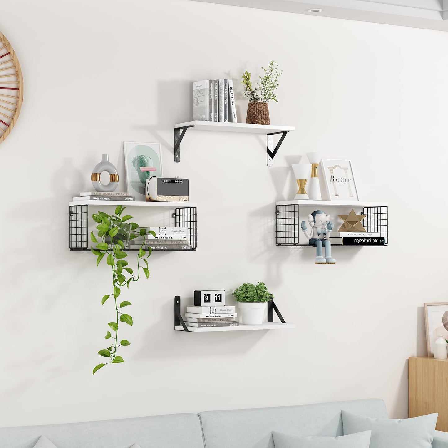 Aiyome Wall Floating Shelves, Wall Mounted Shelf Set of 4, with Metal Baskets, Rustic Décor Style, Shelf for Bathroom, Kitchen, Bedroom, Storage, Living Room - (White)
