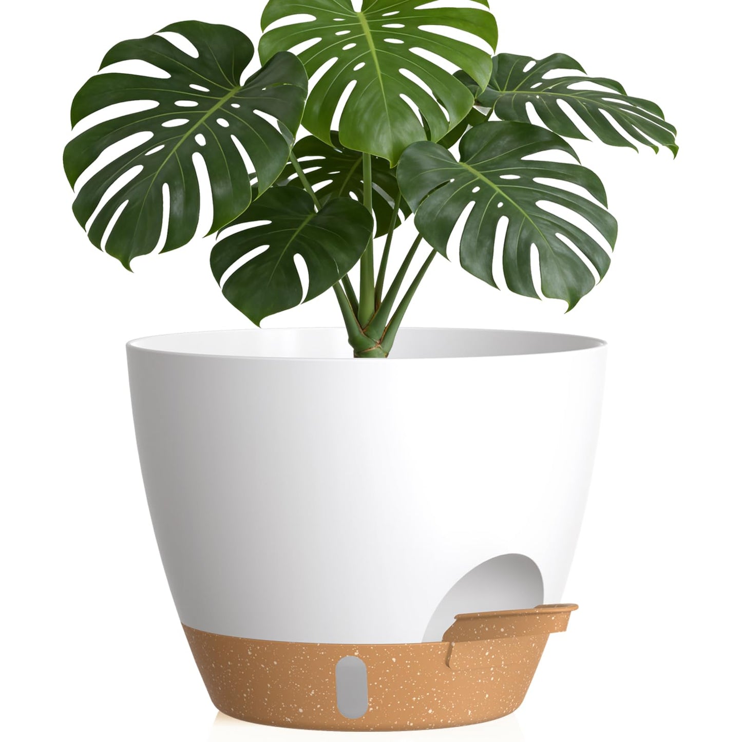 KUGAZ Plant Pots, 1 Pack 12 Inch Self Watering Pots with Drainage Holes, Water Level Indicator Deep Reservoir, Large Planters for Indoor Outdoor Plants - White Brown