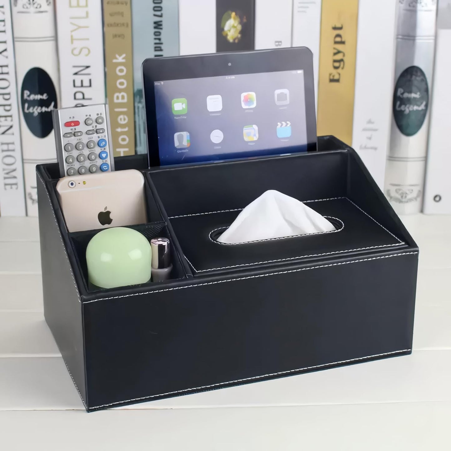 Tissue Box Cover- PU Leather Tissue Box Holder-Multifunctional Tissue Box Organizer Cover Hold with Storage Fashion for Vanity Toilet Countertop Office Bathroom Kleenex Box Cover-Black