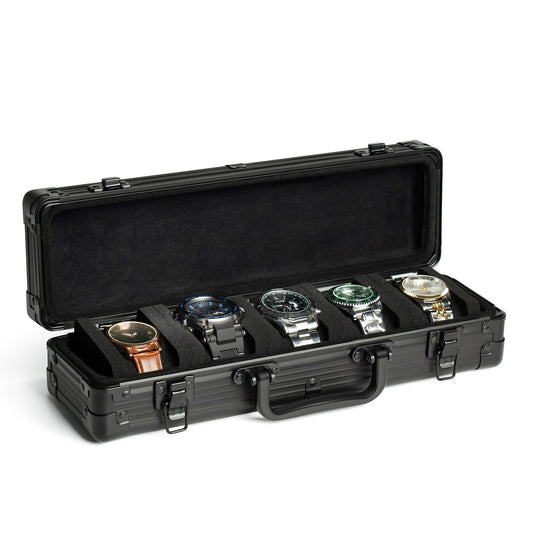 AUKURA 5 slot aluminum watch case organizer, deluxe watch storage box for display and organization (Vintage black 5 slots)