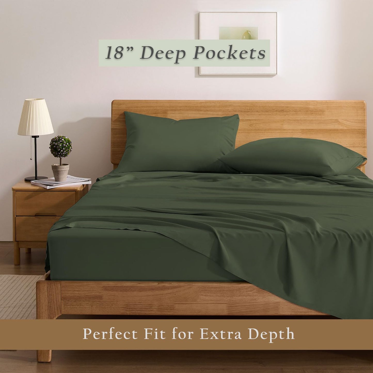 TOSMO Luxury Cooling Sheet Set | 100% Viscose from Organically Grown Bamboo | FSC® Certified | Queen Size | 18” Deep Pockets | Silky Soft Natural Bedding for Hot Sleeper [Olive]