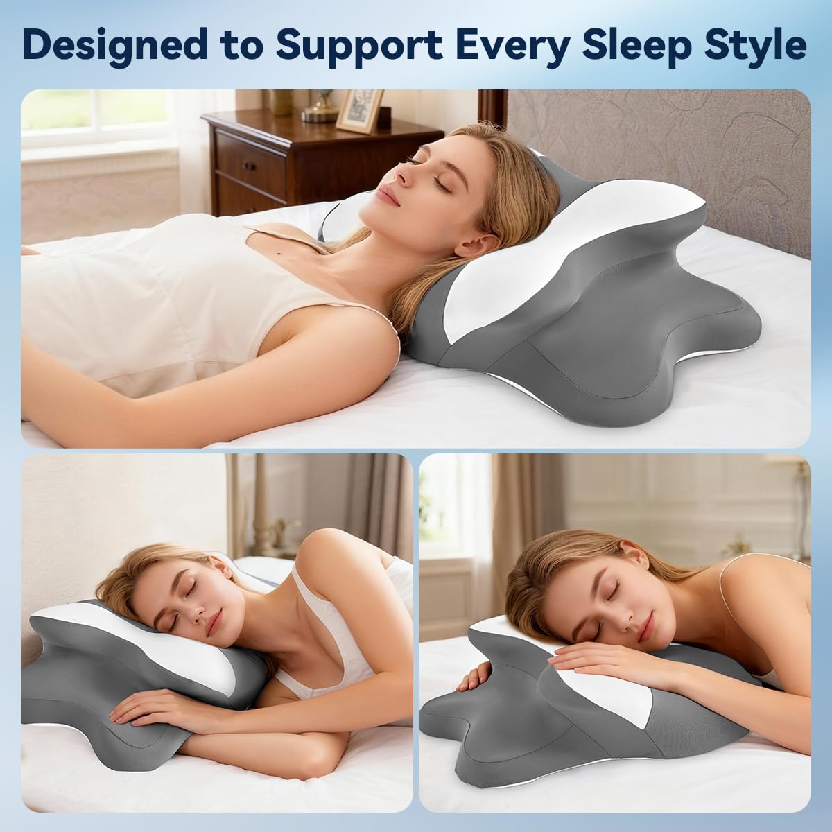 Sleep Apnea Pillow with Neck Pain & Snoring Relief -Orthopedic Cervical Pillow, Ergonomic Contour Memory Foam for Side, Back,Stomach Sleepers, Medium Firm (GreyWhite, Queen Size)