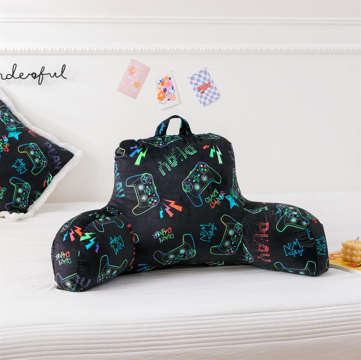 Holawakaka Reading Pillow with Arms Gamer Print Plush Bed Rest Pillows for Kids Teens Petites Sitting in Bed, Sofa, Chair, Lounge, Back Cushion with 1pc Decorative Pillowcase