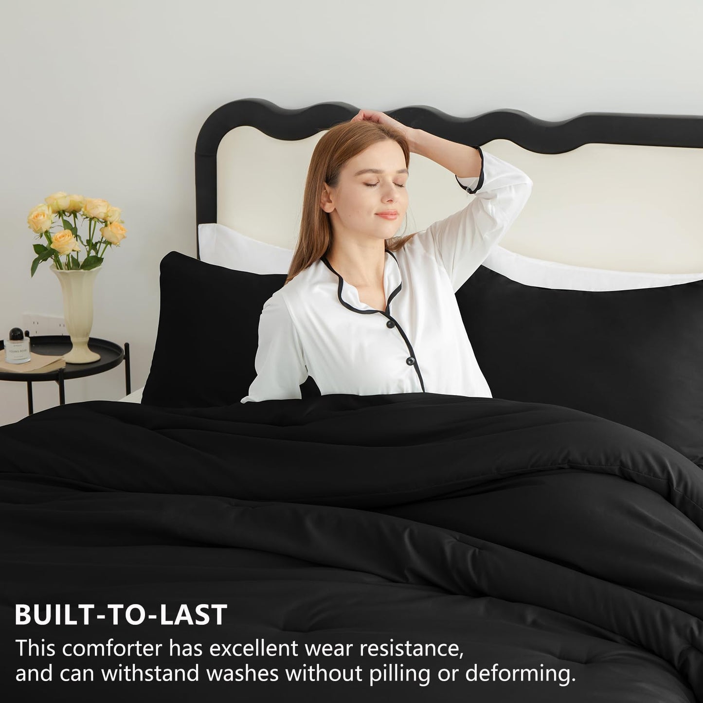 CozyLux Queen Comforter Set Black, 3 Pieces Lightweight Comforters Queen Size Quilted Bedding Sets, All Season Breathable Solid Down Alternative Comforter with 2 Pillowcases, Soft Bed Set for Home