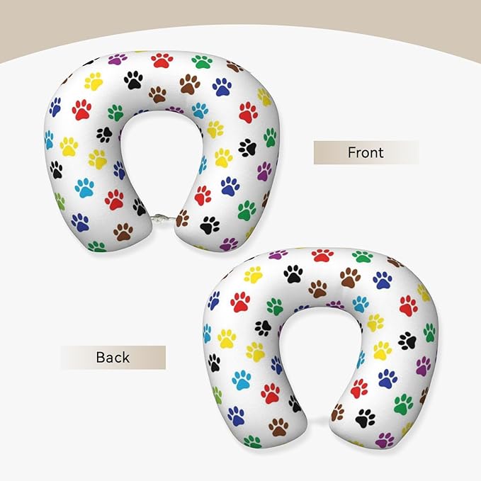 Comfortable Travel Pillow for Pain Relief Sleeping, Memory Foam Airplane Car Neck Pain Pillows Colorful Paw Prints, Funny Chin Head Support Cushion