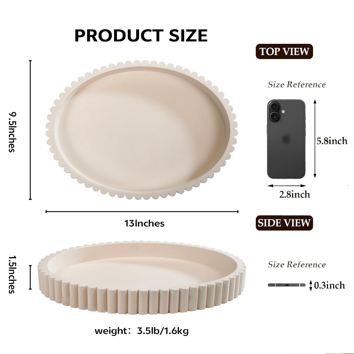 Coffee Table Tray, Large 13"×9.5" Oval Fluted Concrete Tray, Cream Decorative Serving Tray, Home Décor Accent for Ottoman, Kitchen Island & Dining Table Centerpiece