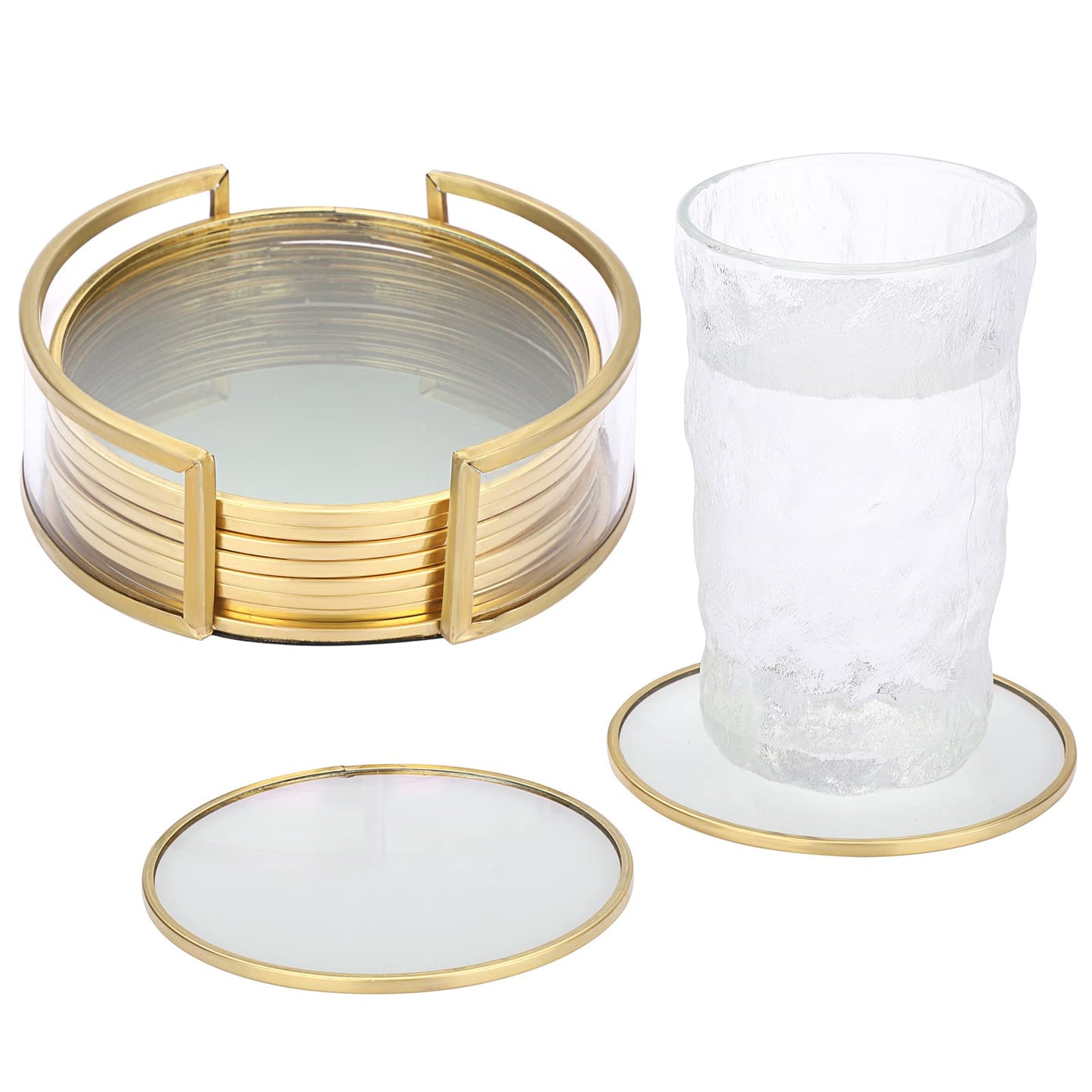 JUXYES Set of 8 Glass Round Coasters with Holder, Golden Brass Coasters for Drinks Glass Cup Coaster Set Modern Coaster Cups Mats Decor for Restaurant Kitchen Bar Dining Table