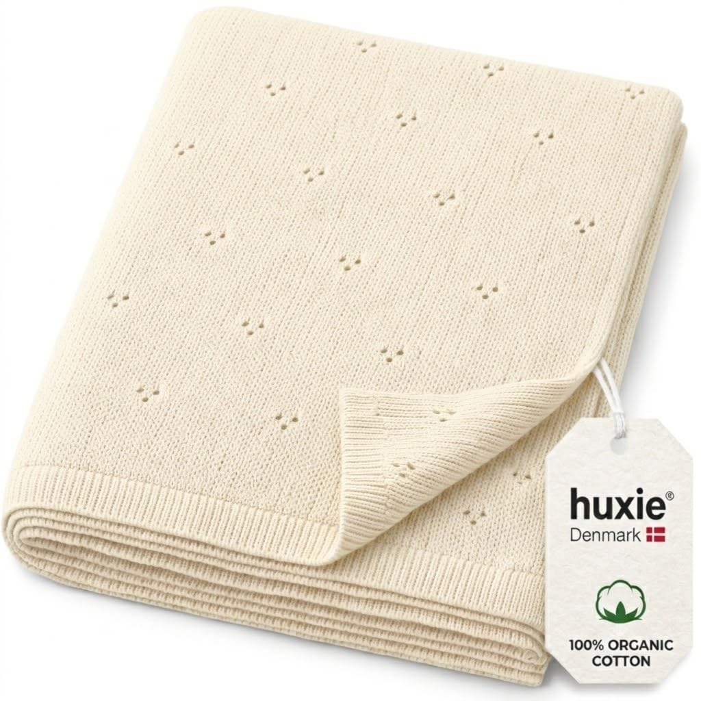 Huxie 100% Organic Cotton Knit Receiving Baby Boy Blanket for Newborns - Soft, Breathable Blanket for Crib & Stroller - Nursery Gift (Ivory)