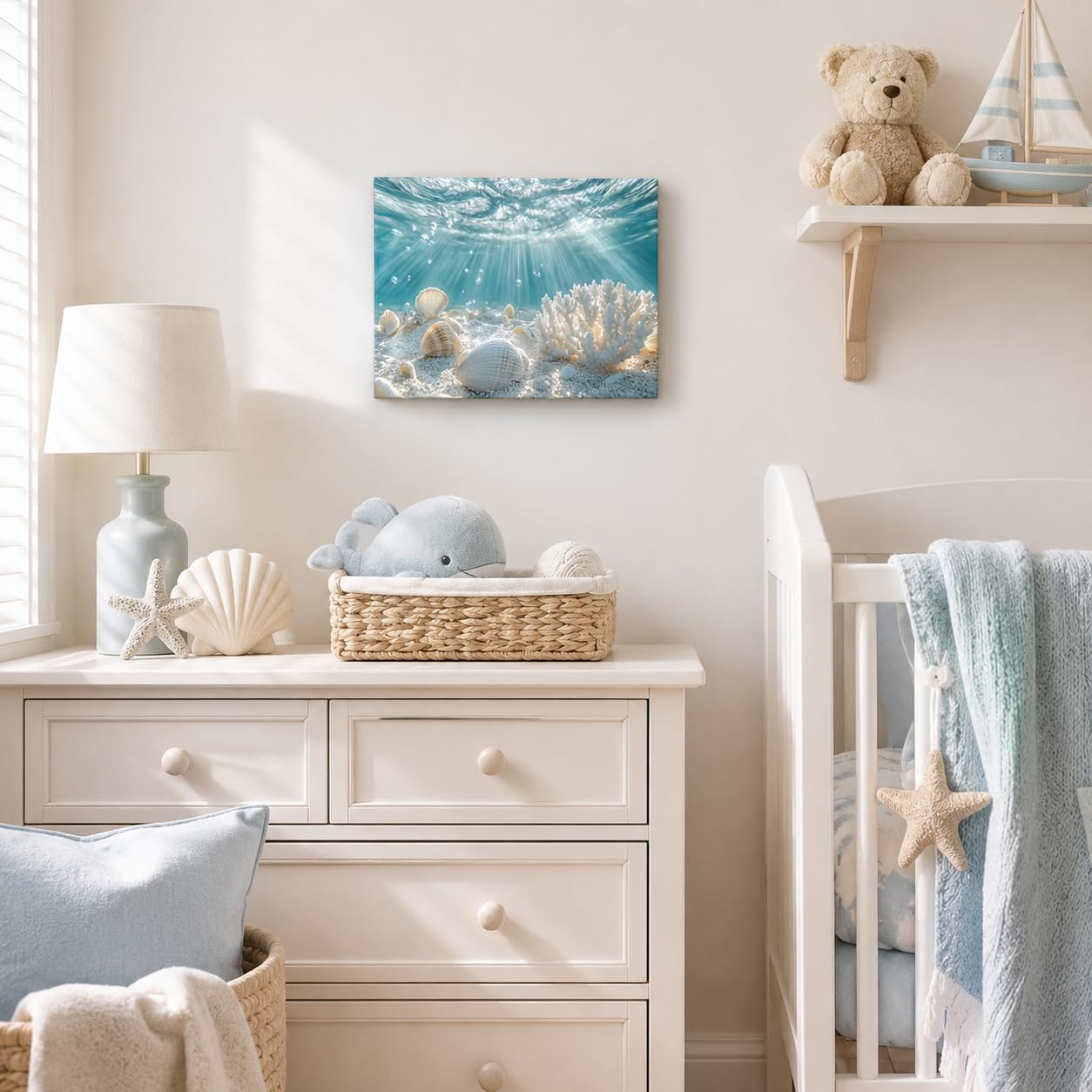 libitea Framed Coastal Canvas Wall Art - Coastal Ocean Relaxation Wall Decor Underwater Sunbeam Seashell Poster Printing Artwork for Bathroom Bedroom Living Room