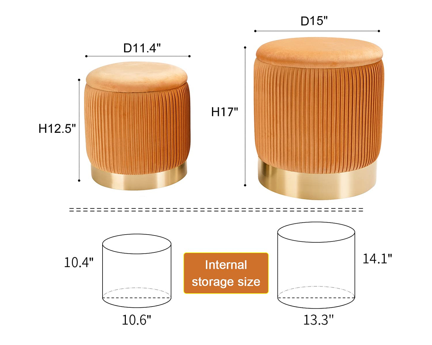 JUUON Round Velvet Storage Ottoman Set of 2, Nesting Pouf Footrest with Gold Metal Base and Pleated Design, Multifunctional Side Table & Vanity Stool for Living Room, Bedroom, Dorm (Pleated-Yellow)