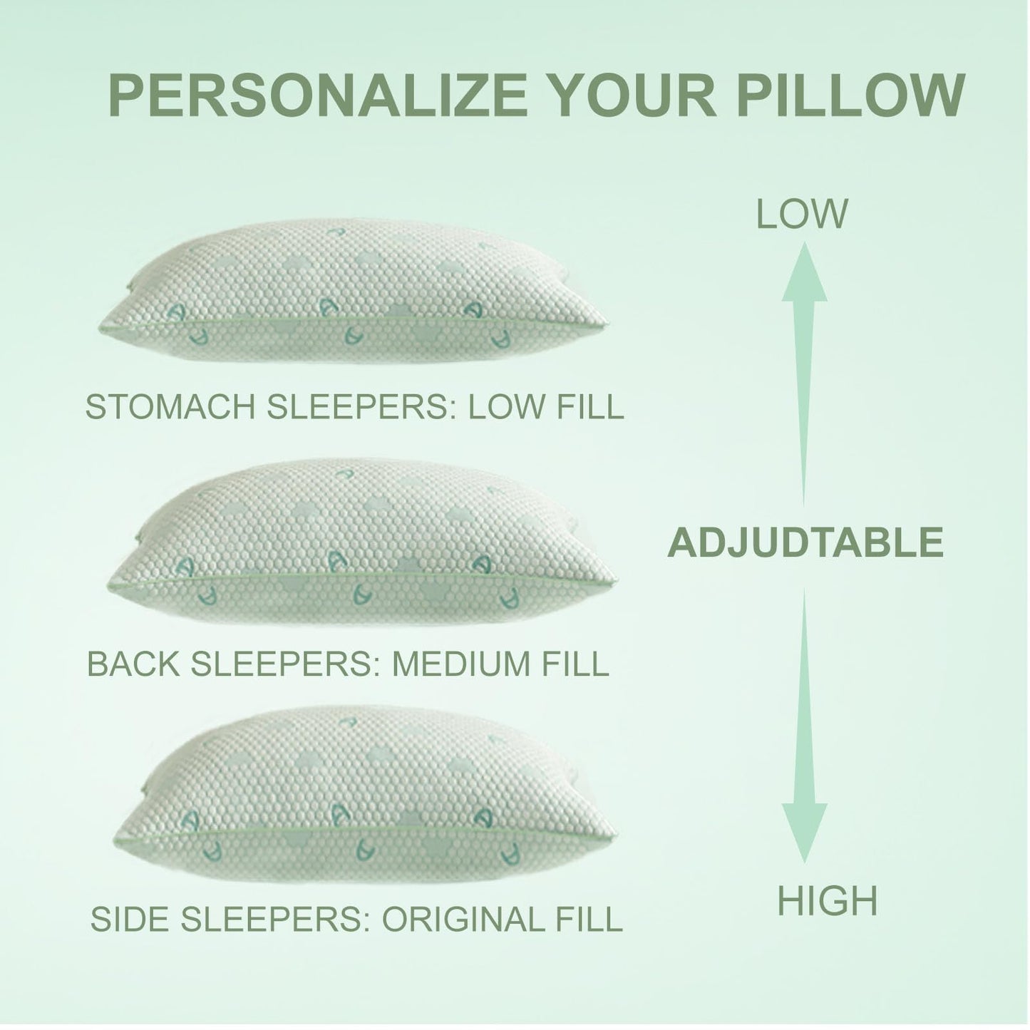 ACCURATEX Cooling Memory Foam Pillows for Sleeping King Size Set of 2, Adjustable Fluffy Pillows with Removable Cover, Cool Bed Pillow for Side Back Stomach Sleepers, Machine Washable, Green