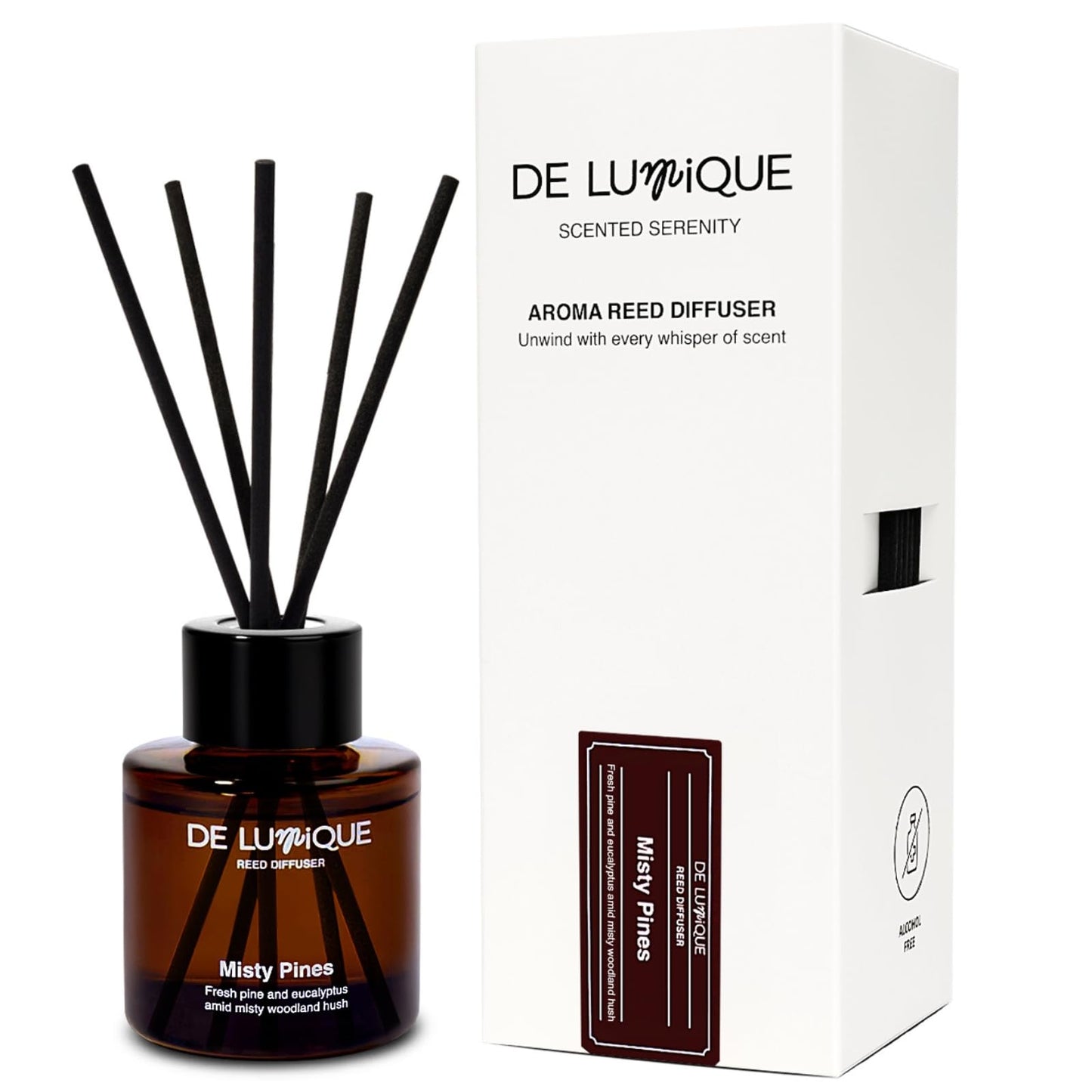 De Lumique Misty Pines Scent Reed Diffuser – Luxury Reed Diffuser with Pine, Eucalyptus & Amber – Long-Lasting, Natural Aromatherapy Scent for Home, Office, or Bedroom – 50ml