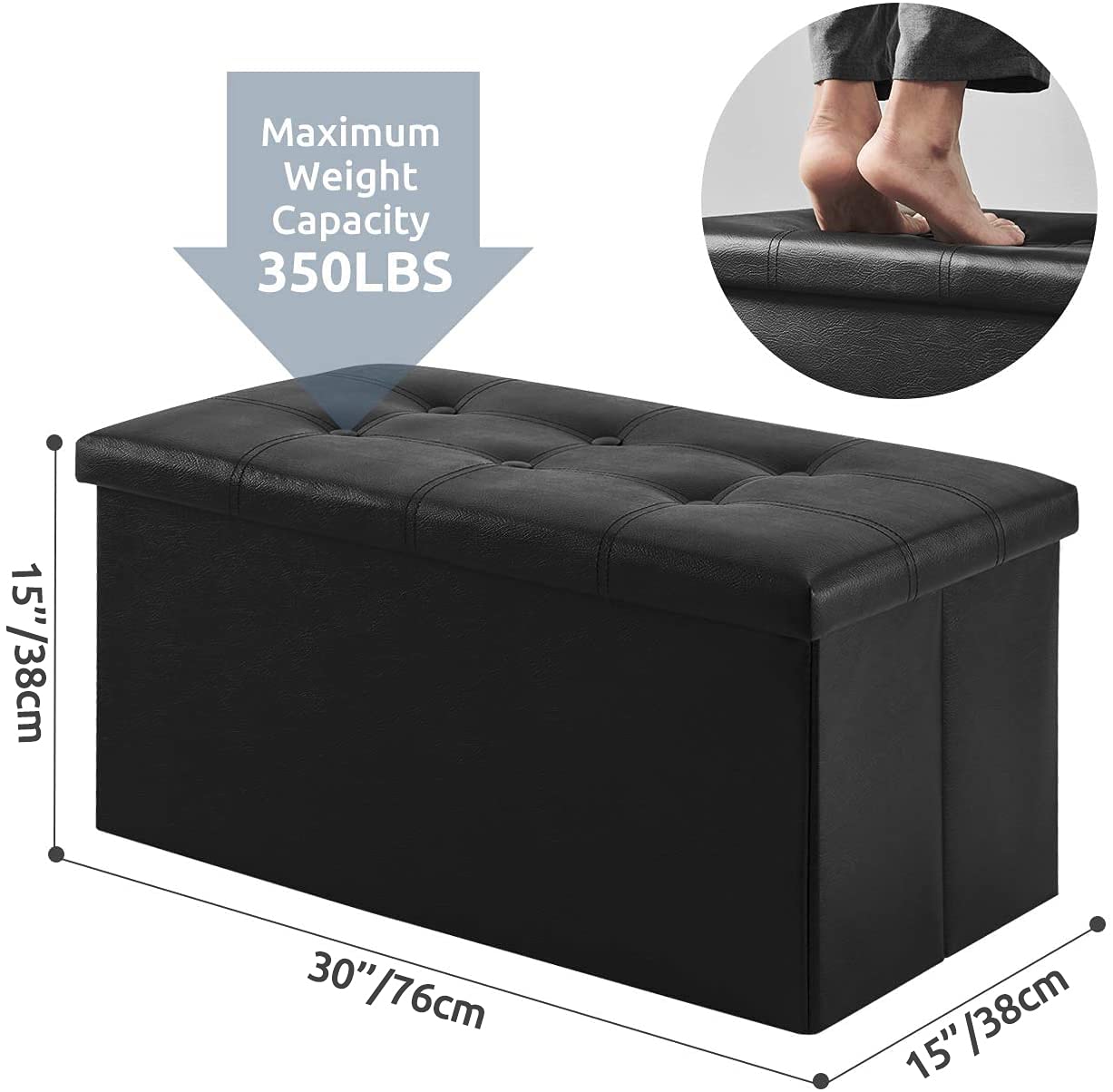 YOUDENOVA Folding Storage Ottoman, Faux Leather Ottoman Bench Footrest Ottoman, Storage Chest Padded Seat for Bedroom and Living Room, Black, 15" D x 30" W x 15" H