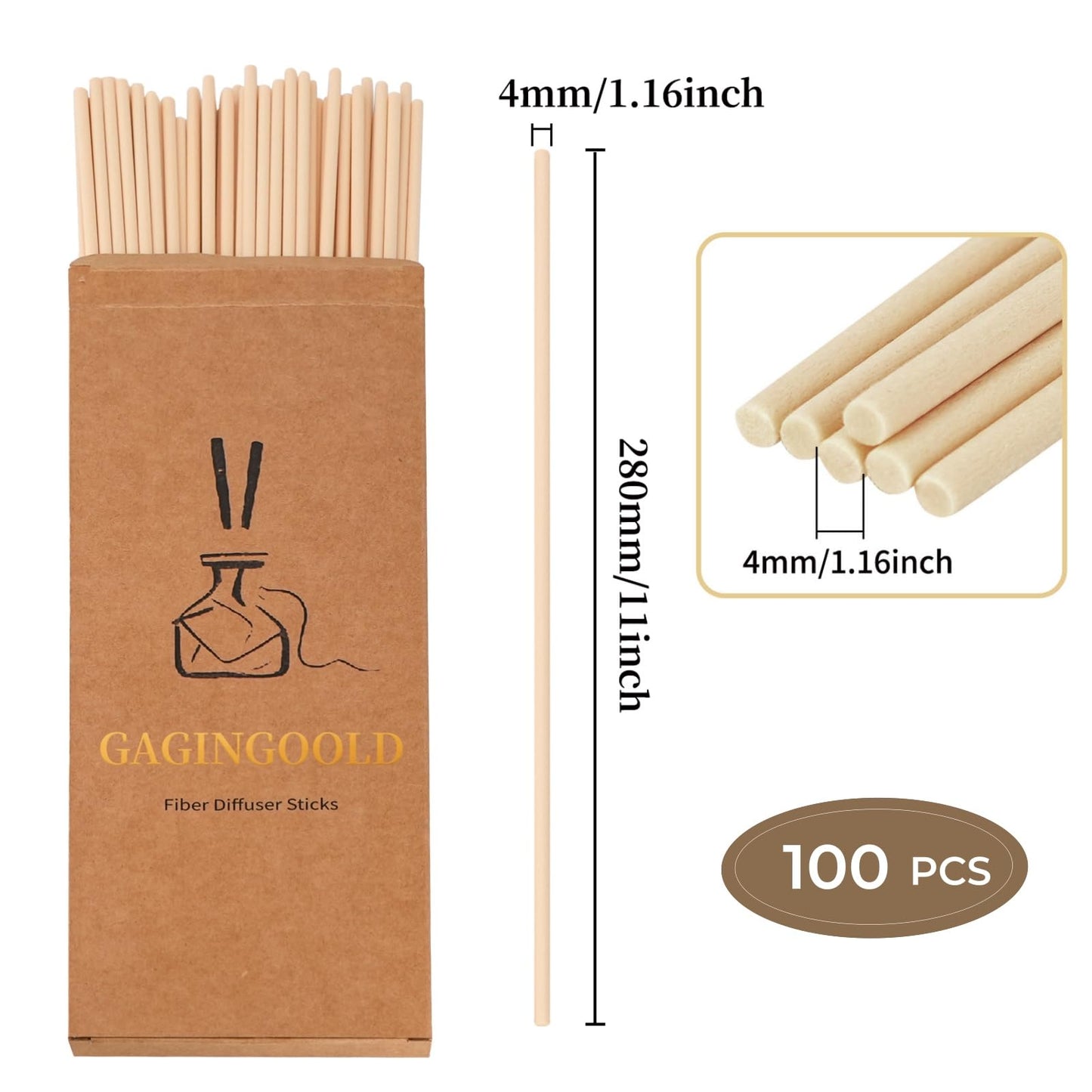 GAGINGOOLD 100 PCS Reed Diffuser Sticks, 11 Inch Fibre Diffuser Replacement Stick for Essential Oil Diffuser Refill, 4 mm Thick Aroma Diffuser Sticks for Home Office Bathroom Bedroom, Primary Color