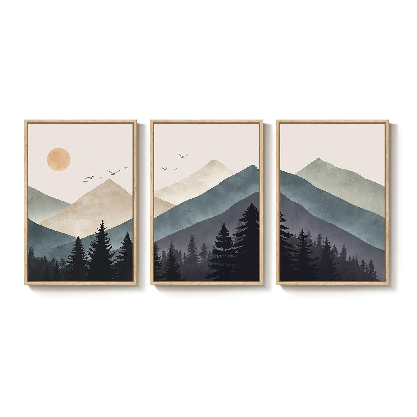 Cuspin Boho Framed Mountain Forest Landscape Wall Art, 3 Piece Bohemian Canvas Prints, Modern Nature Wall Art for Living Room, 3 Count, 16x24 Inch