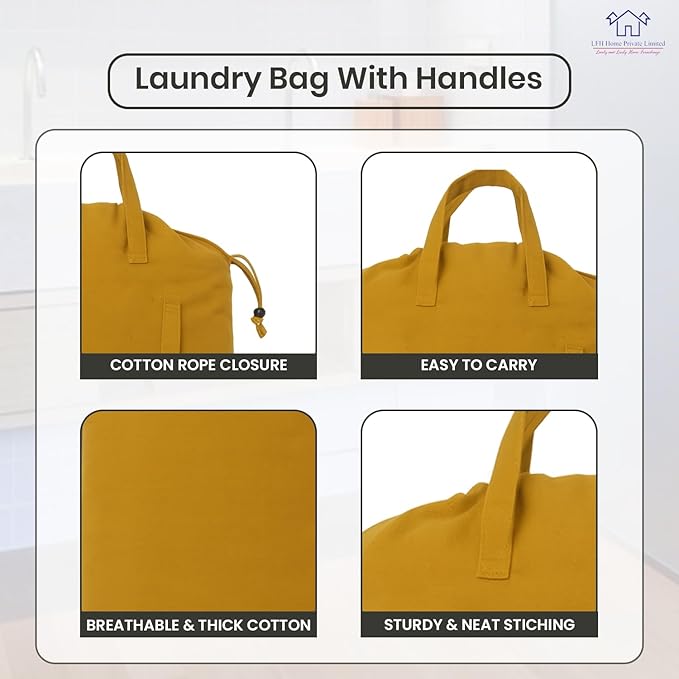 LFH Home Cotton Canvas Large Laundry Bag with Handle, Heavy Duty Drawstring Closure Washable Laundry Bags, School Travel, Home, Hotel, College Dorm, Organizer Sack, Toys Clothes 20x30-Yellow