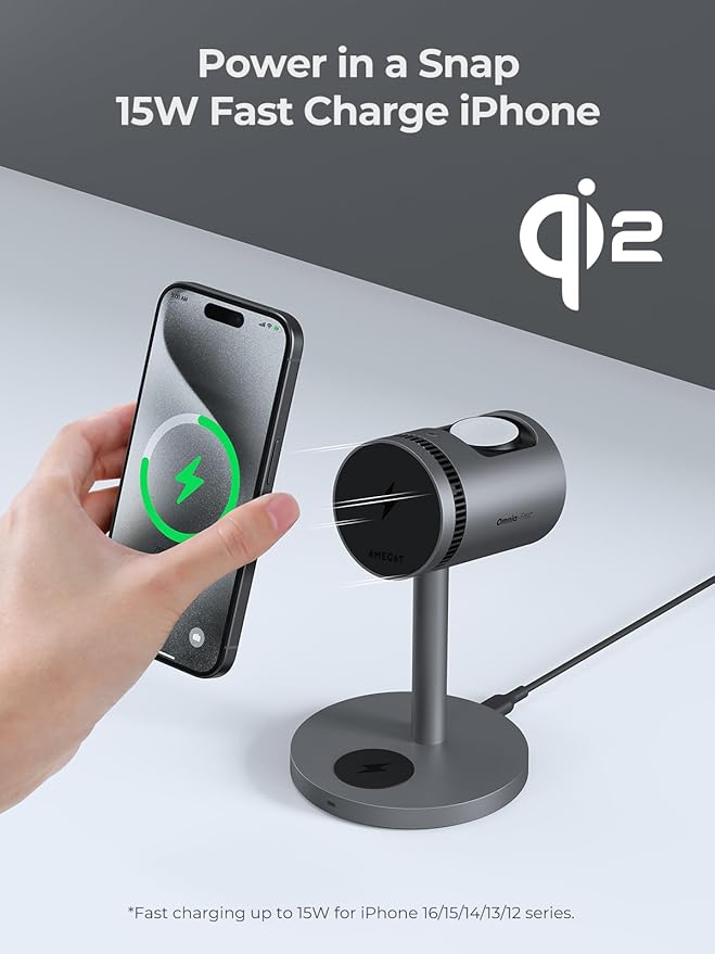 3 in 1 Charging Station Compatible with MagSafe, Cooling Wireless Charger 15W Qi2 Certified for iPhone 17/16/15/14/13/12, Samsung S25, Apple Watch, AirPods (45W PD Charger Included)