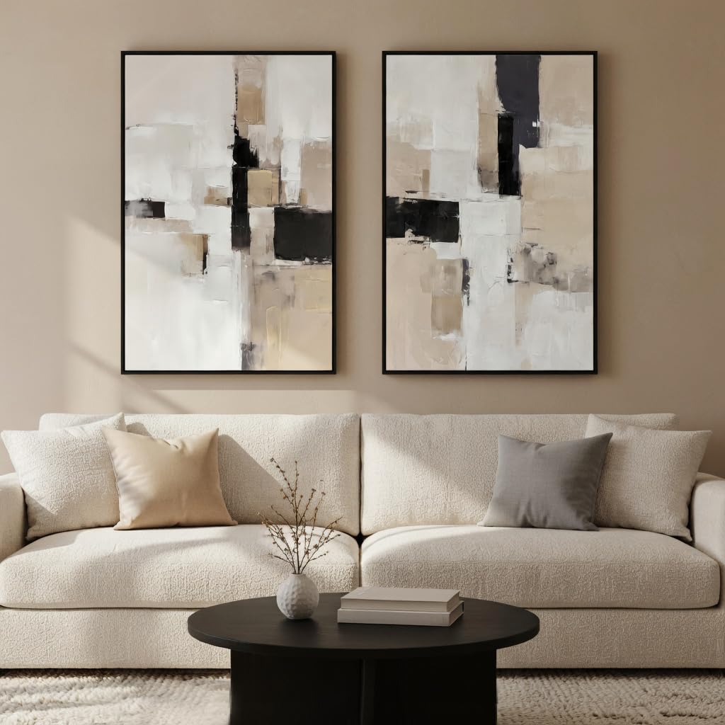 Zessonic Neutral Abstract Wall Art, Large Modern Textured Framed Canvas Wall Decor, Minimalist Prints Paintings, Earth Tone Black Beige Brown Artwork Pictures for Home, Living Room, Office, 24"x36"x2