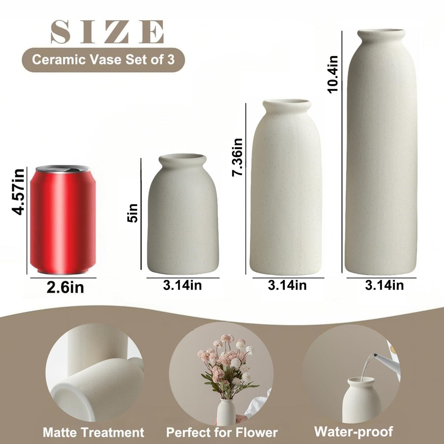 Ceramic Vase Set-3, 10.3 Inch Tall Flower Vases for Decor, Modern Boho Farmhouse Style, Decorative Vases for Pampas Grass & Dried Flowers, Distressed Finish (L Beige)