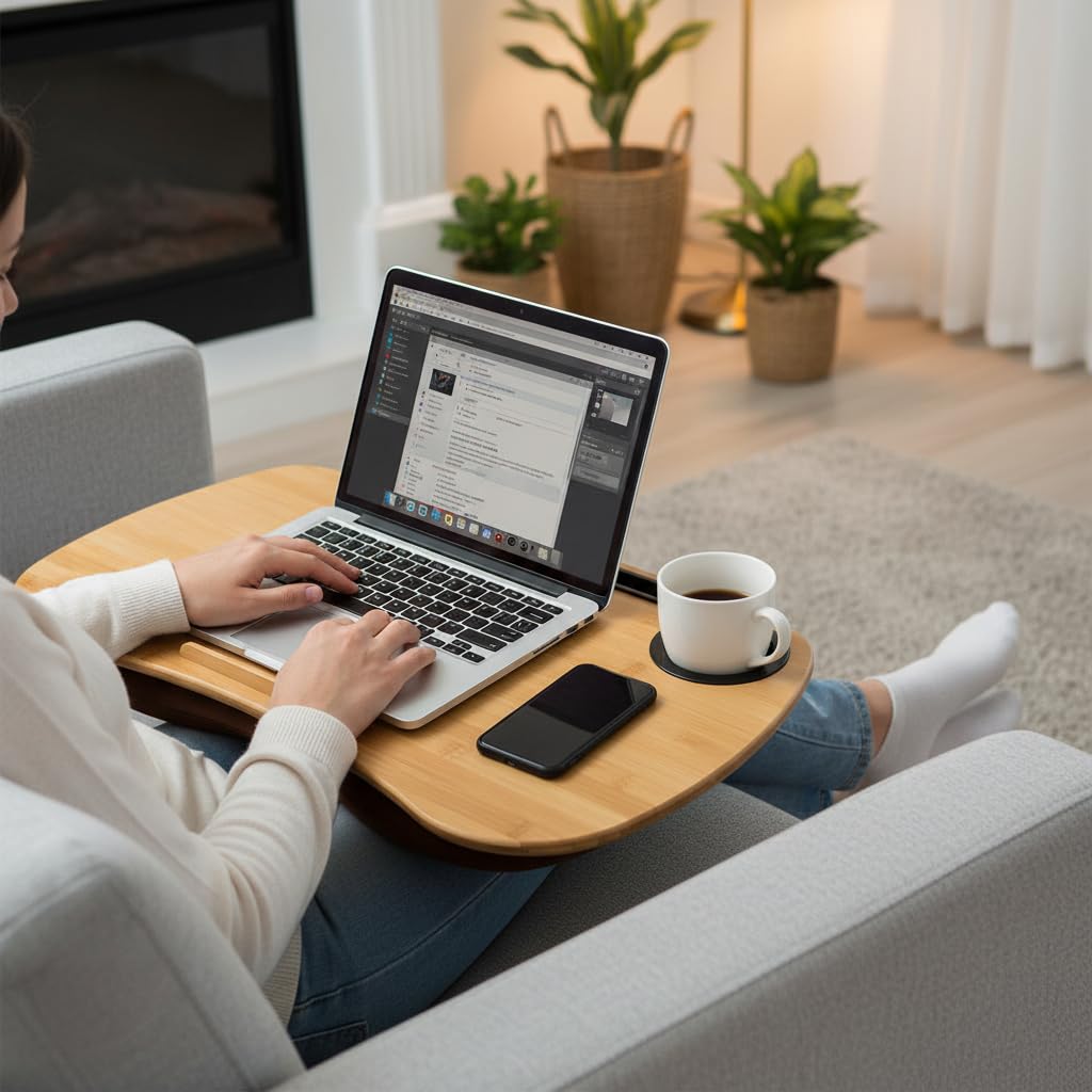 SANJIMO Lap Desk for Laptop with Cushion-Fits up to 18 inch, Bamboo Computer Laptop Stand with Phone Hoder, Cup Holder, Anti-Slip Stopper