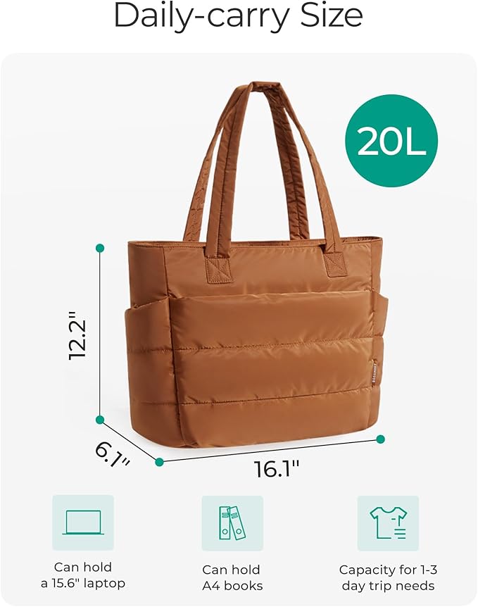 BAGSMART Tote Bag for Women, Lightweight Puffy Tote Bag with Compartments Shoulder Bag Handbag for Travel, Work, Gym