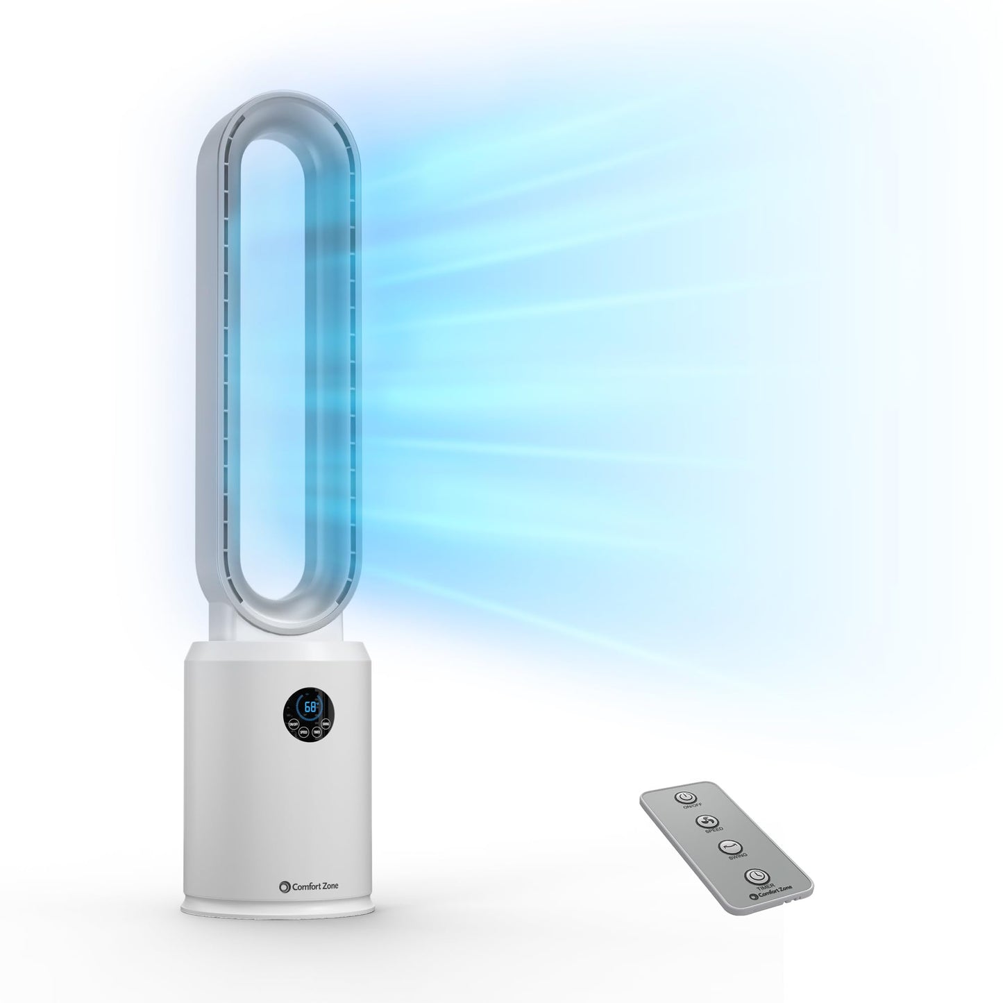 Comfort Zone 40-Inch Bladeless Tower Fan for Bedroom – Quiet Standing Fan with Remote Control, 9H Timer & Wide Area Oscillation – Turbocharged Airflow & Digital LED Display – White/Silver