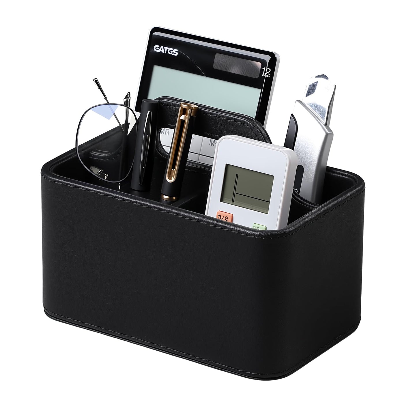 NICLNGSH Caddy Organizer with Handle, PU Leather Remote Control Holder Desk Caddy, Portable Makeup Remote Organizer for Table, Nightstand, Office (Black)