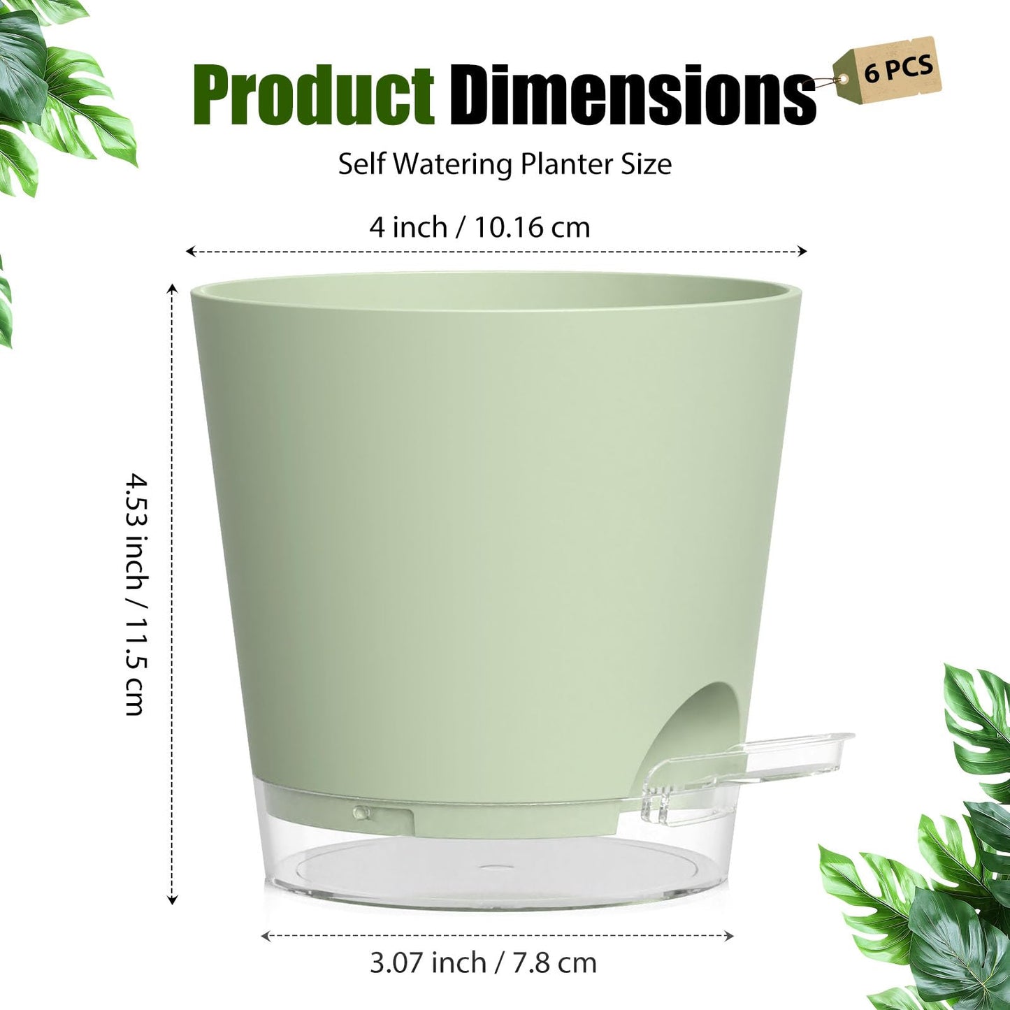 SQKH Plant Pots 4 Inch Self Watering Pots,6 Pack Plastic Planters with Drainage Holes and Clear Saucers,Plastic Flower Pots,Nursery Planting Pot for Indoor Out Door Plants (Green)