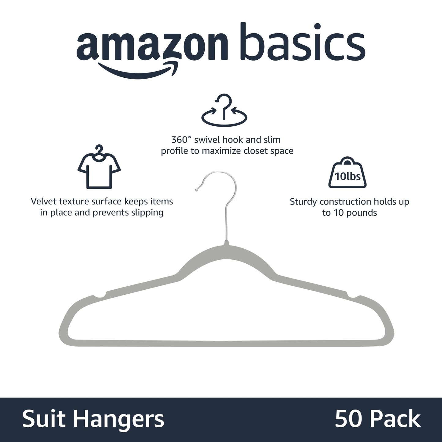 Amazon Basics Slim Velvet Non-Slip Space Saving Suit Clothes Hangers, Closet Organizer, Gray/Silver, 50-Pack