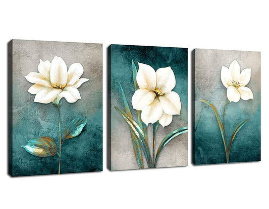 Flower Canvas Wall Art Cream White Floral Wall Decor Turquoise Tealish Grey Background Canvas Picture Modern Rustic Artwork Bathroom Bedroom Living Room Home Office Decoration 12" x 16" x 3 Pieces