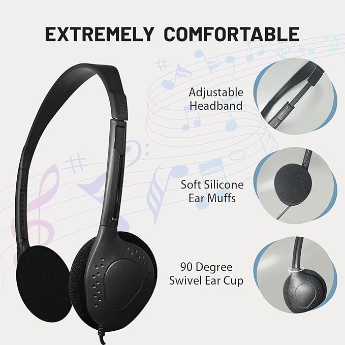 25 Pack Class Set Headphones for Kids Students School Classroom Bulk Earphones Adjustable with 3.5 mm Jack for Library Children Adults(004 Black Headphones)