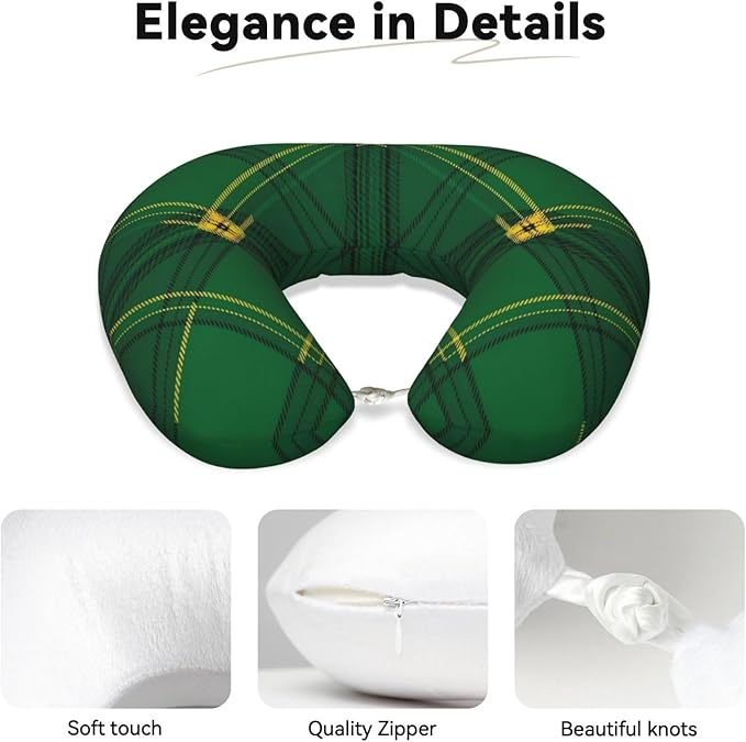 Travel Pillow for Men Women, Washable Relax U Shaped Neck Pillows for Car Head Pain Relief Sleeping Green Scottish Tartan Plaid