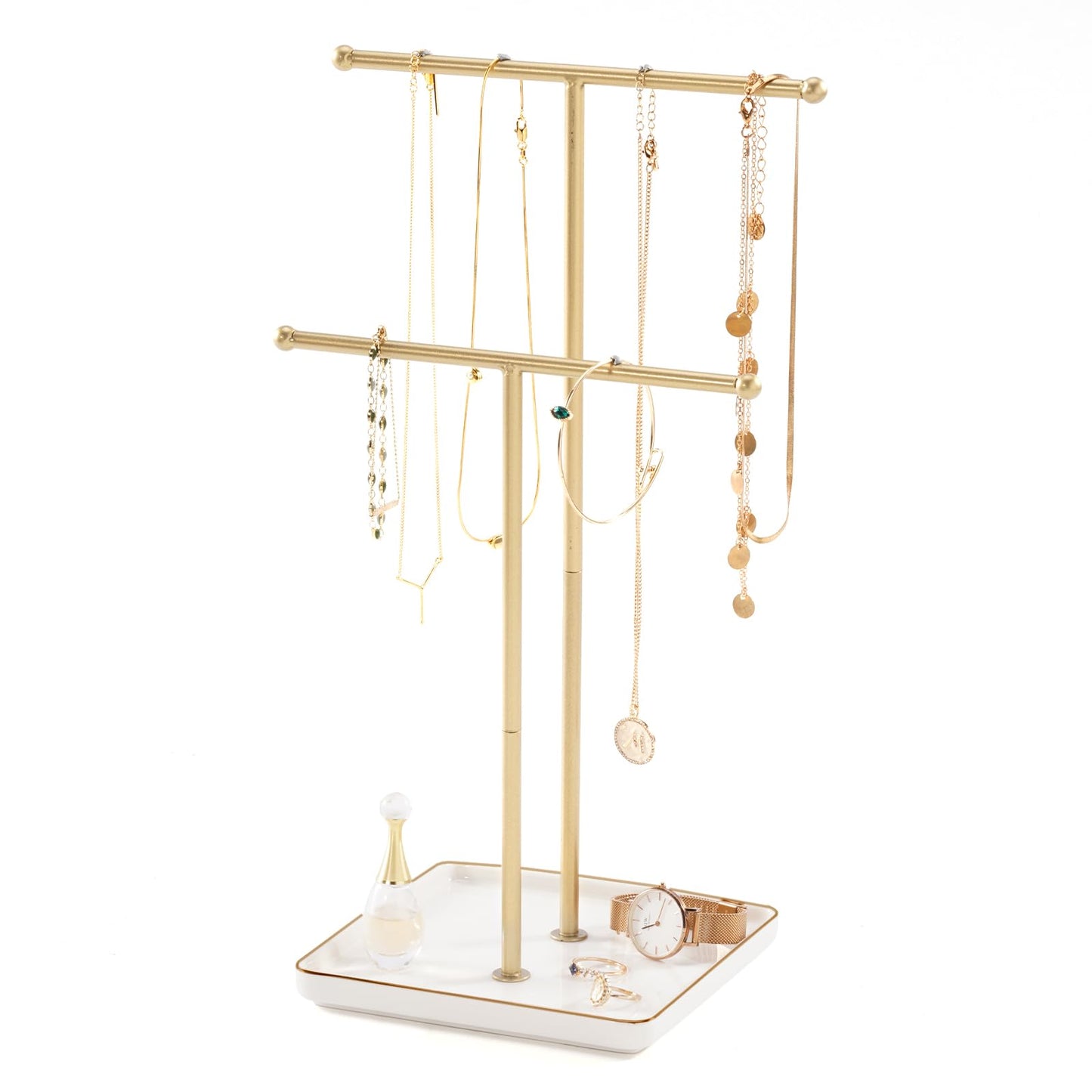 Lolalet Necklace Holder, Jewelry Display Stand with Ceramic Base Tray Jewelry Organizer Tree for Necklaces Bracelets Earrings Rings -White, 2 Tiers