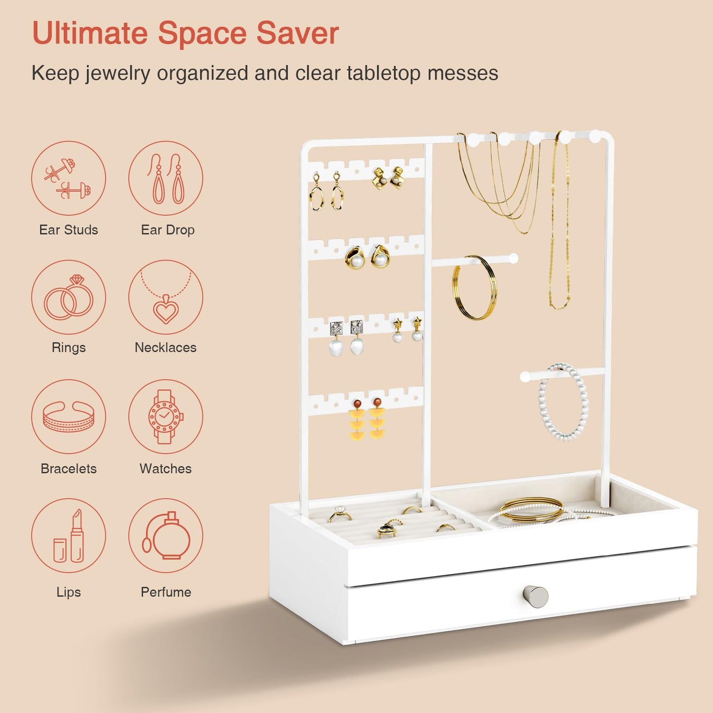 Goozii White Jewelry Organizer Stand Stud Earring Holder, Necklace Display Stand with Drawer, Jewelry Tower Tree for Bracelets Rings, Birthday Valentines Day Gifts for Her Teen Girls Women Wife