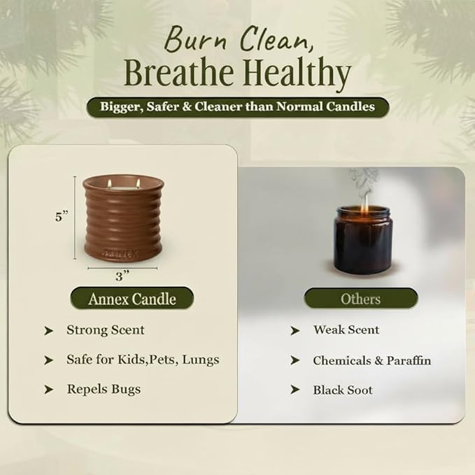 Scented Luxury Candles in Handmade Ceramic Jars, Soy Wax | Vanilla - Tobacco - Amber, Large Candle | Non Toxic, 2 Wicks, Reusable Big Brown Jar | Natural Spring Aromatherapy Gift for Women & Men