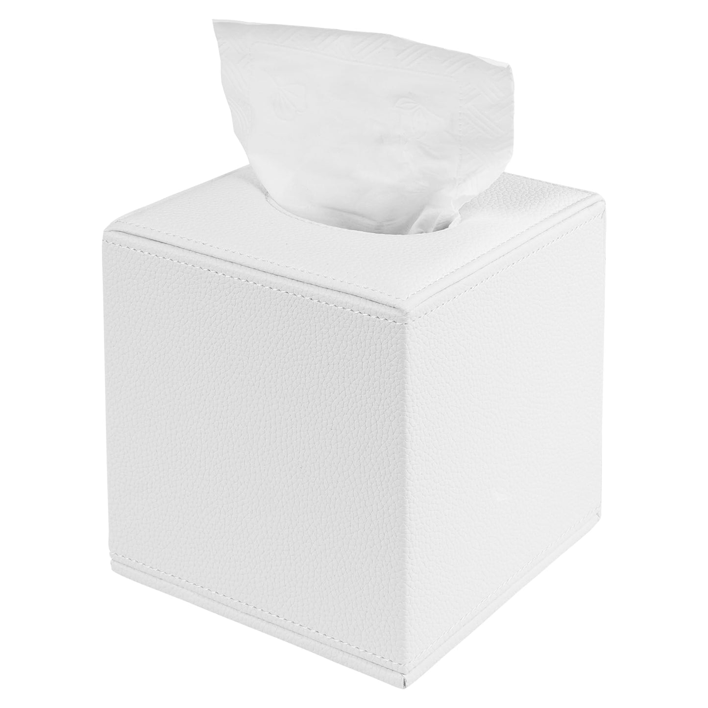 DODAMOUR Square Tissue Box Cover, White PU Leather Cube Holder with Magnetic Bottom, Sturdy MDF Structure Facial Tissue Dispenser for Bathroom Vanity Nightstand (White)