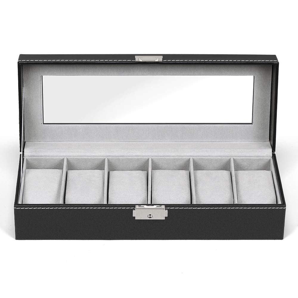 NEX 6 Slots Watch Box Organizer for Men, Black Watch Holder Stand Display Storage Case