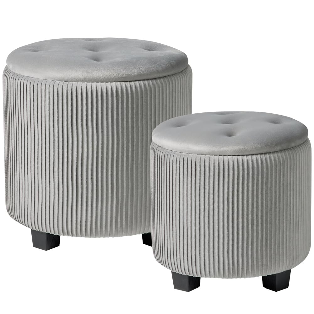 BLEXA Big Round Ottoman with Storage Set of 2,Upholstered Velvet Vanity Stool for Makeup Multifunctional Foot Rest Coffee Table Padded Seat Tufted Ottomans for LivingRoom&Bedroom (Large Grey)